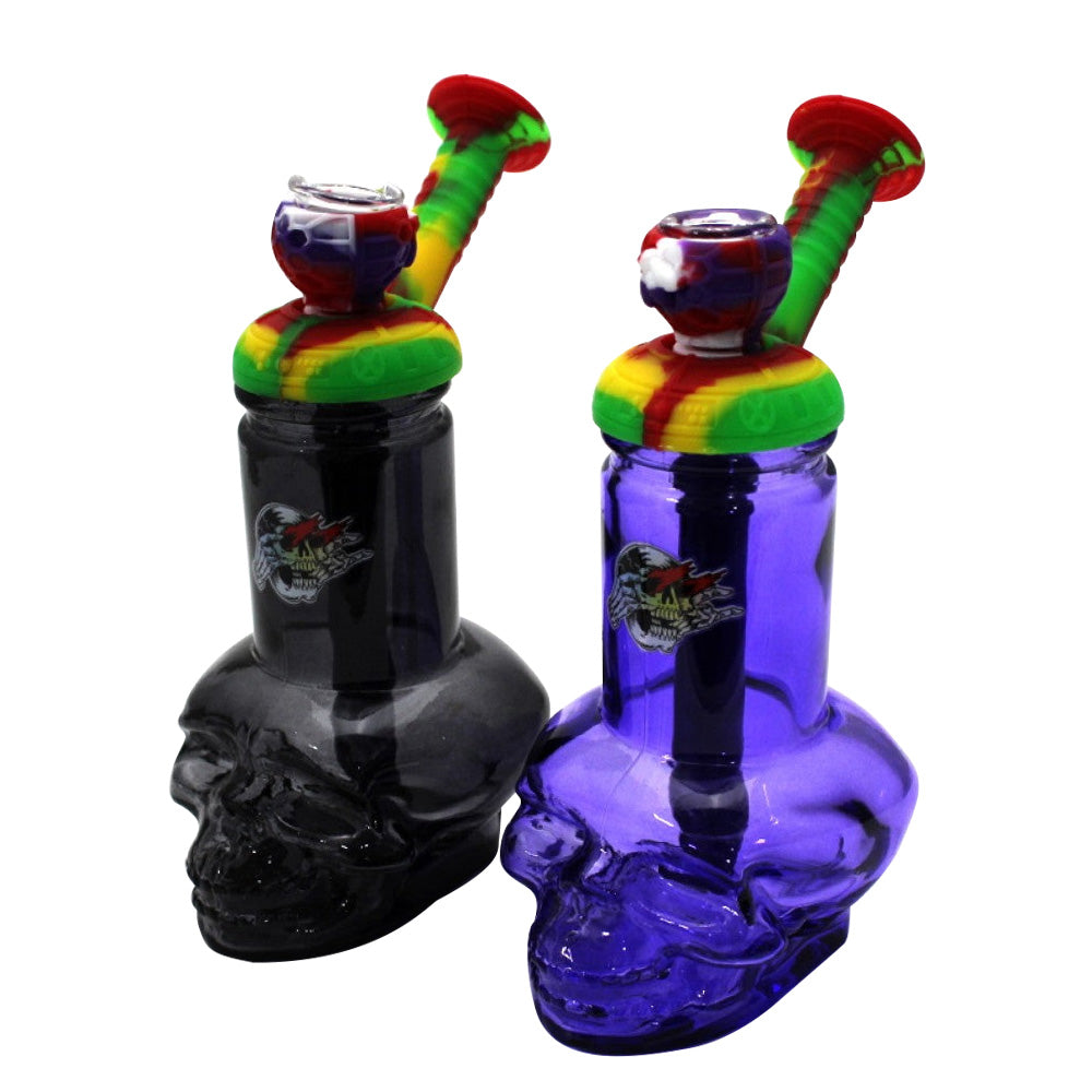 Skull design glass water pipe with silicone top and 14MM male bowl, durable construction, unique style and smooth water filtration system.