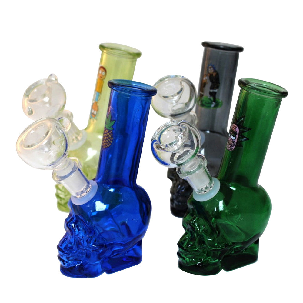 Skull design glass water pipe with bowl, durable borosilicate glass body with smooth water filtration system for clean and cool hits.