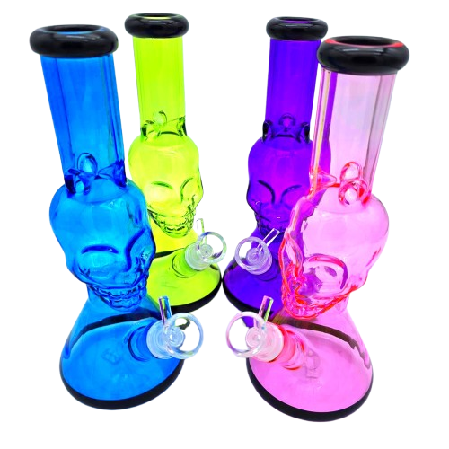 Skull design solid color breaker water pipe made from durable glass, featuring bold skull artwork and smooth airflow smoking performance