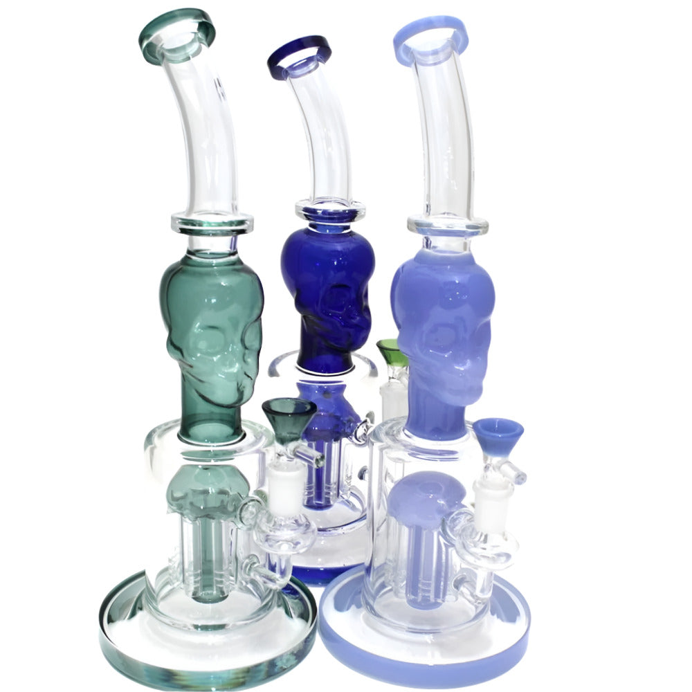 Skull design water pipe with tree percolator, durable glass construction, smooth airflow, enhanced filtration, and artistic decorative details.