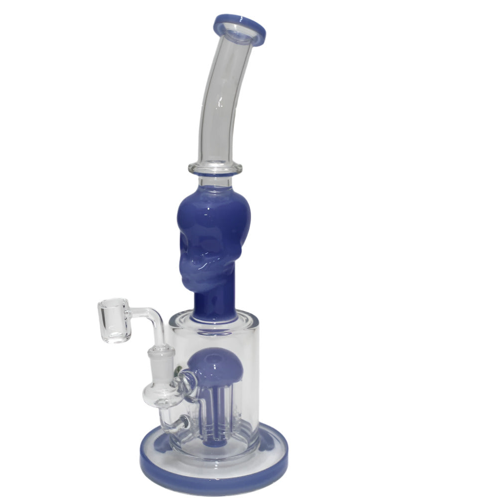 Skull Design Water Pipe with Tree Percolator and 14MM Male Banger featuring artistic skull-themed glasswork, advanced filtration, and durable glass construction.