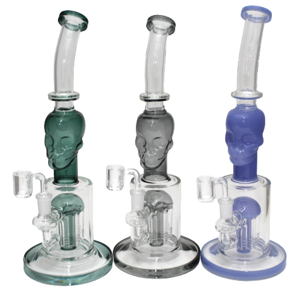 Skull design water pipe with tree percolator, durable glass construction, smooth filtration system, and 14mm male banger.