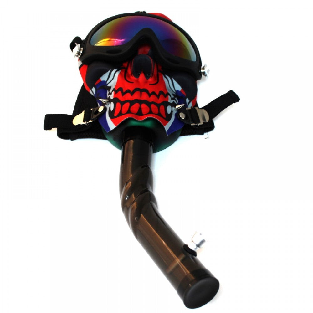 Skull design multi color gas mask with acrylic water pipe set, unique themed smoking accessory featuring a connected mask system and durable acrylic pipe for filtered use.