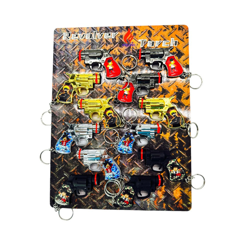 Skull revolver torch lighter with key by Techno Torch featuring powerful flame, refillable butane system, and unique compact design, 12ct display pack.