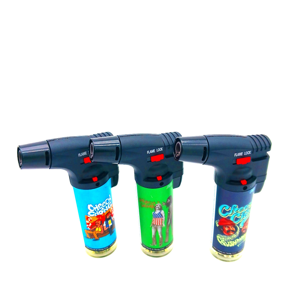 SK101CC Sky Cheech & Chong side torch lighter 15 ct display with adjustable torch flame, wind-resistant performance, and durable design for reliable use.