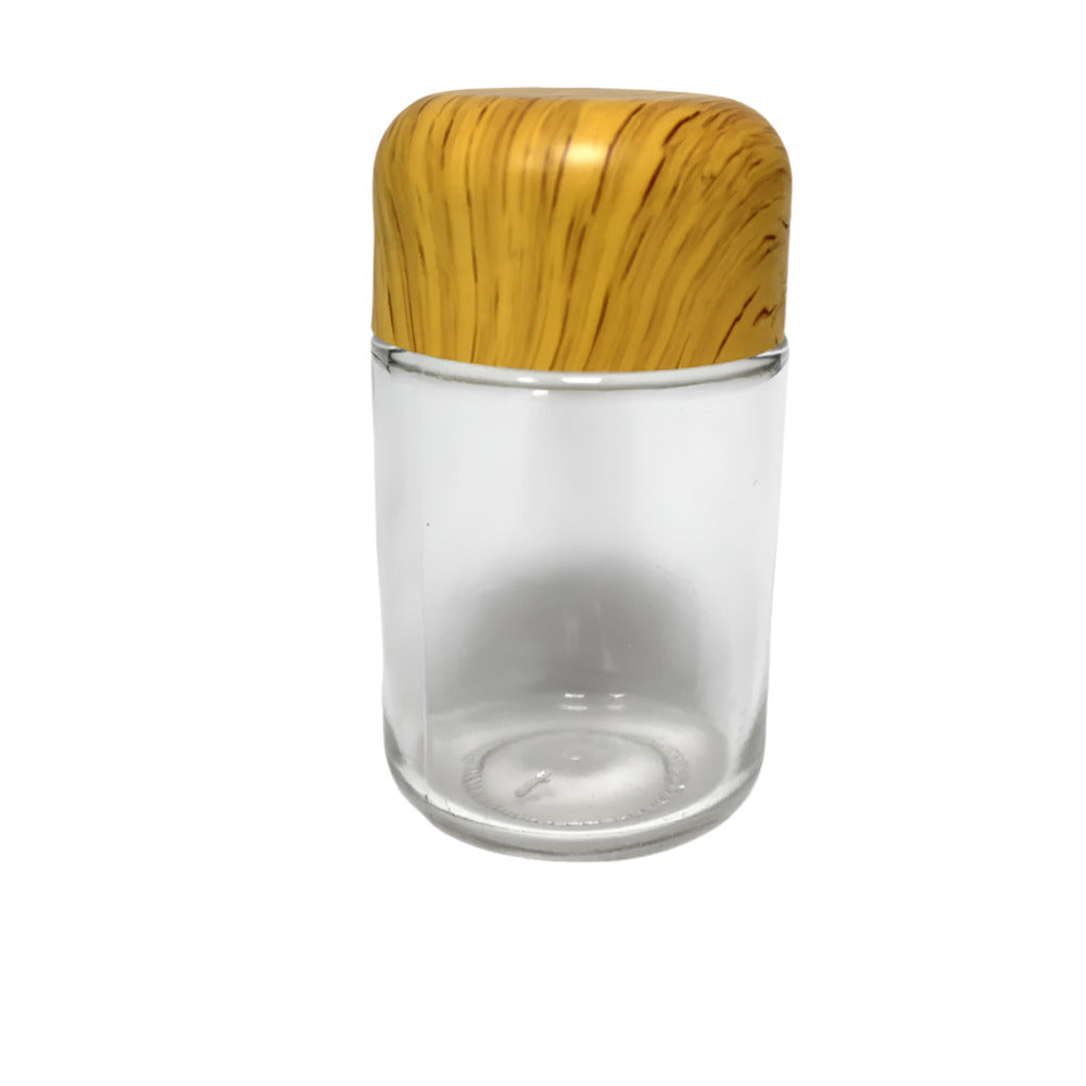 Small 90 ML glass jar with wooden lid and airtight seal, compact storage container for spices, herbs, and small essentials.