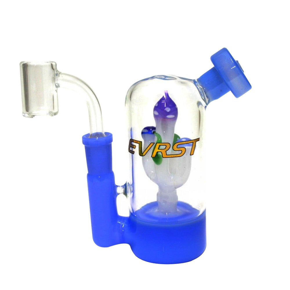 Small EVRST glass dab rig water pipe with 14mm male banger, compact durable design offering smooth airflow and efficient concentrate vaporization.