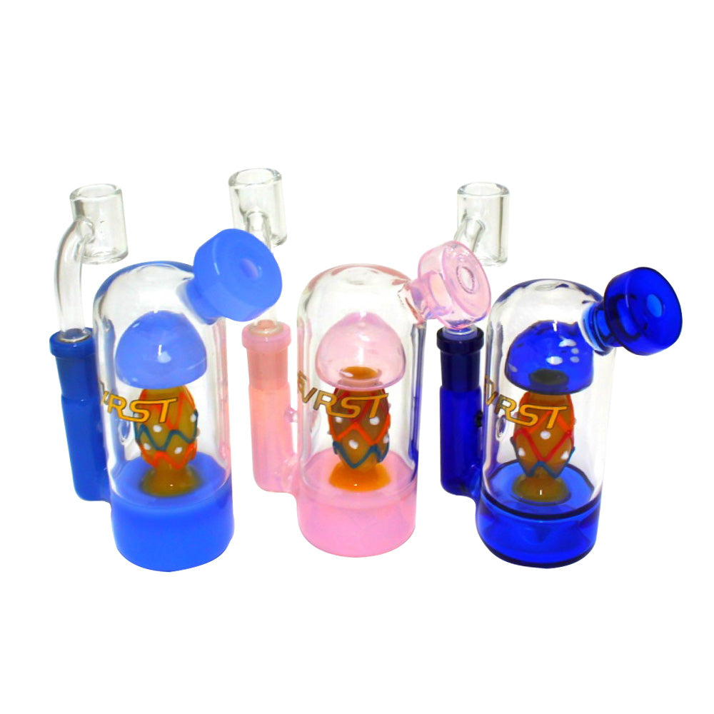 Small EVRST mushroom shape dab rig water pipe with 14mm male banger, durable glass construction with water filtration and compact portable design.
