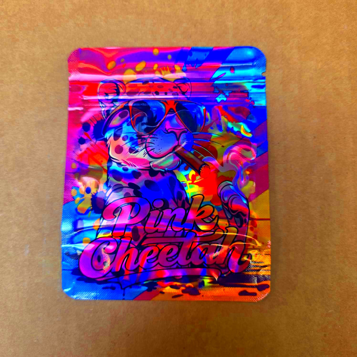 Detailed shot of high barrier foil material on smell proof 3.5g mylar pouch