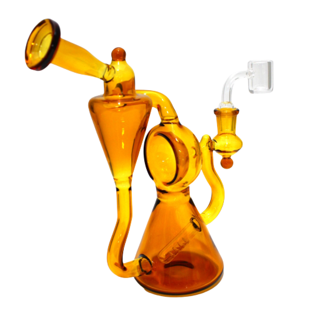 Solid color unique handled design dab rig water pipe with 14mm male quartz banger durable borosilicate glass ergonomic handle smooth water filtration system.