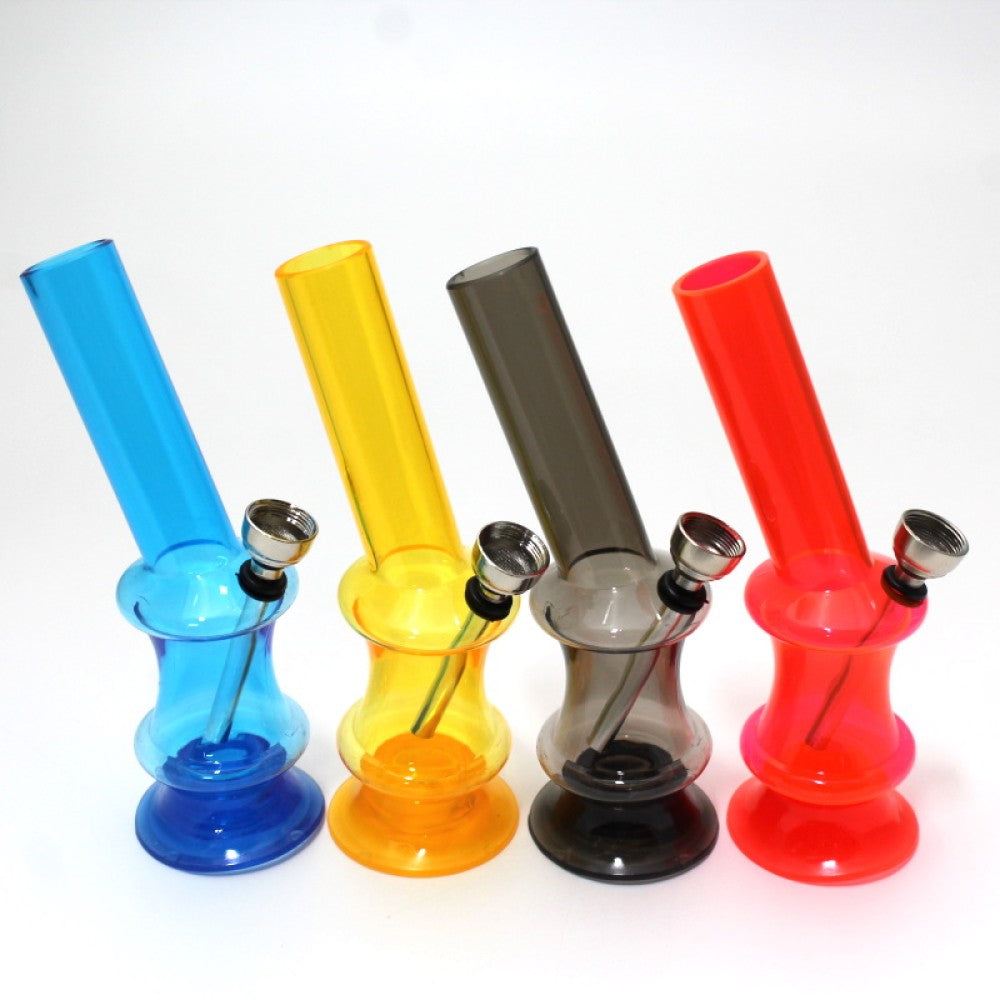 Solid color skinny acrylic water pipe with metal downstem and screened bowl, durable lightweight design providing smooth airflow and reliable performance.