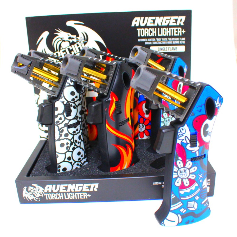Special Blue Avenger Neo Torch with powerful flame, ergonomic design, refillable butane system, and 6-piece retail display packaging.