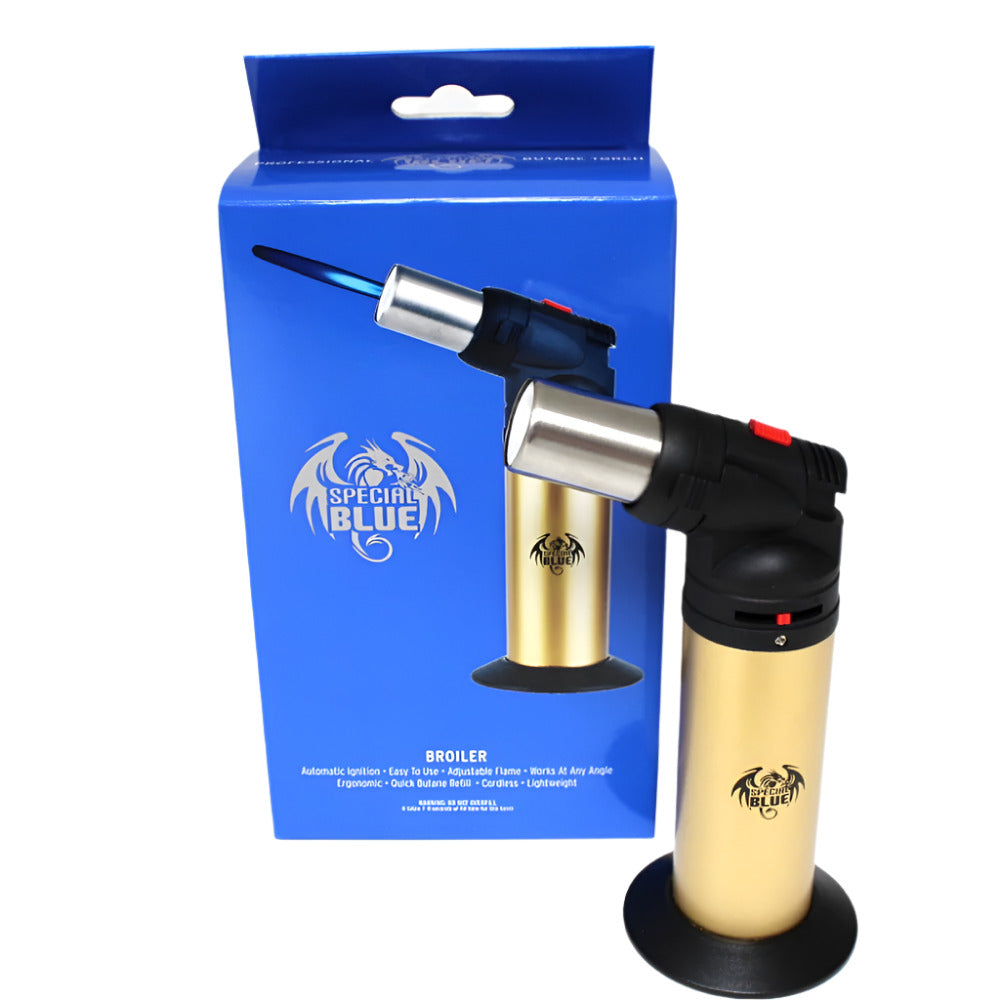 Special Blue Broiler Torch featuring powerful windproof jet flame, refillable butane system, and durable ergonomic design for high-heat cooking and heating applications.
