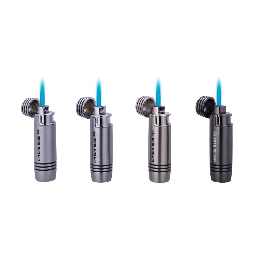 Special Blue Bullet Deluxe Torch Lighter 12 Pieces Per Box featuring bullet-style body design, refillable butane system, and powerful windproof jet flame for reliable use.