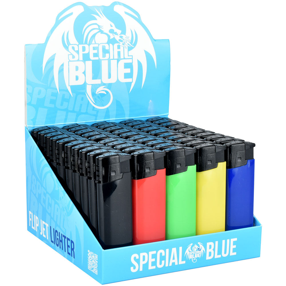 Special Blue Flip Jet Windproof Lighter with strong jet flame, flip design, durable construction, and 50-piece retail display pack.