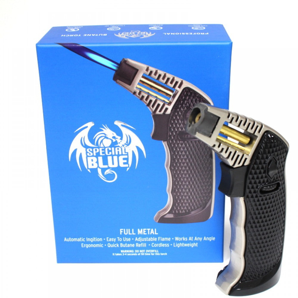 Special Blue Full Metal Butane Torch with durable metal body, powerful adjustable flame, refillable butane system, and ergonomic design.