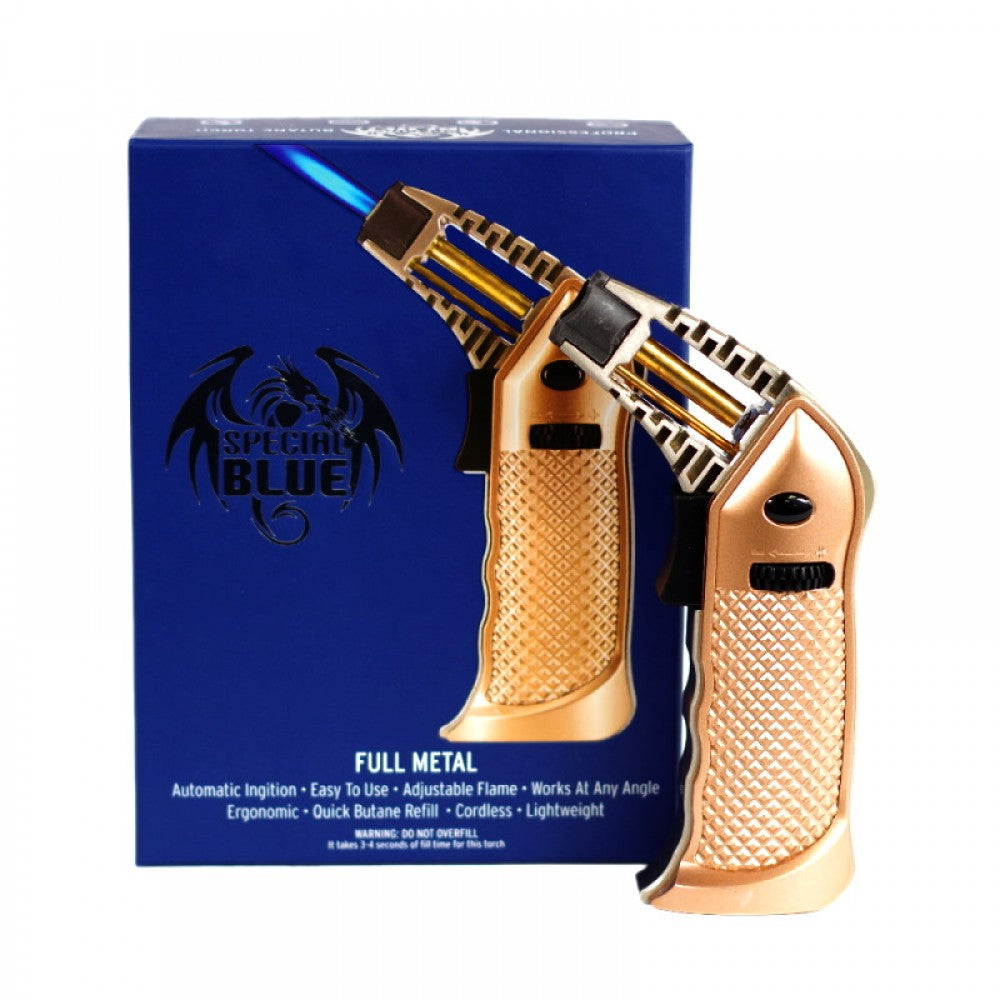 Special Blue Full Metal Butane Torch Lighter featuring durable all-metal construction, strong windproof jet flame, and refillable butane system for high-performance heating use.