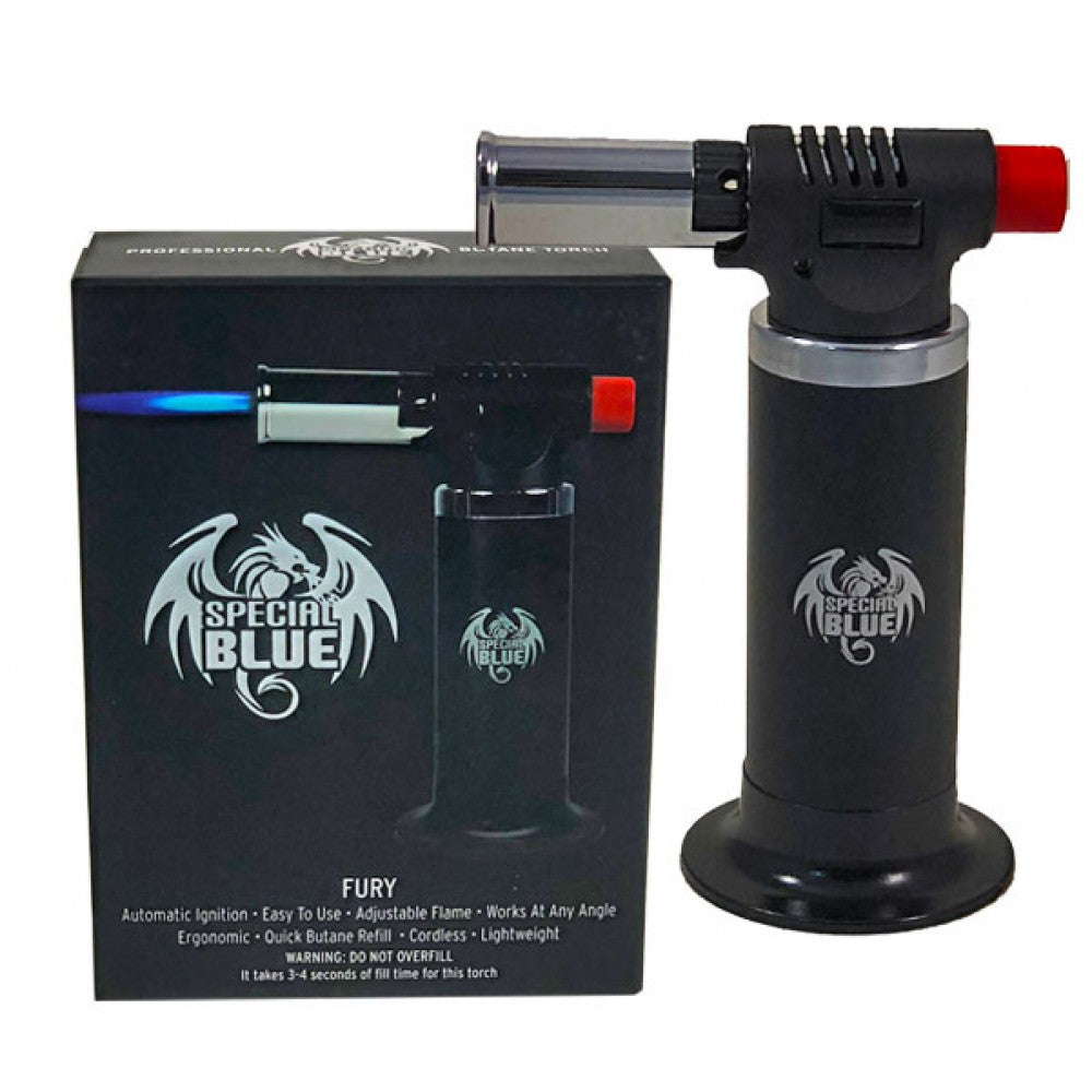 Special Blue Fury Torch with high-powered flame, adjustable flame control, refillable butane system, and compact ergonomic design.