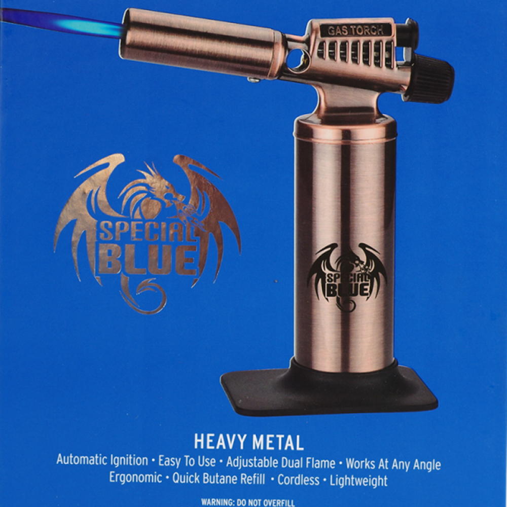 Special Blue Heavy Metal Torch Lighter with durable metal body, powerful adjustable flame, refillable butane system, and ergonomic design.