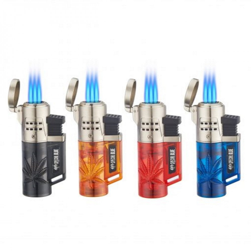 Special Blue Leaf 3 Flame Torch Lighter featuring triple jet flame technology, refillable butane design, and 12 pieces per retail display box.