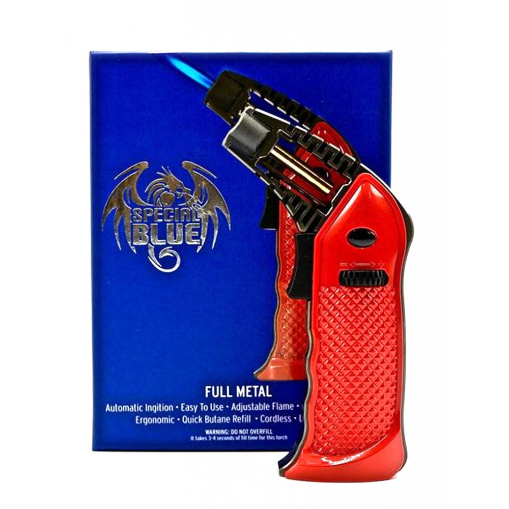 Special Blue Full Metal Butane Torch featuring durable all-metal construction, powerful windproof jet flame, and refillable butane system for reliable high-heat performance.