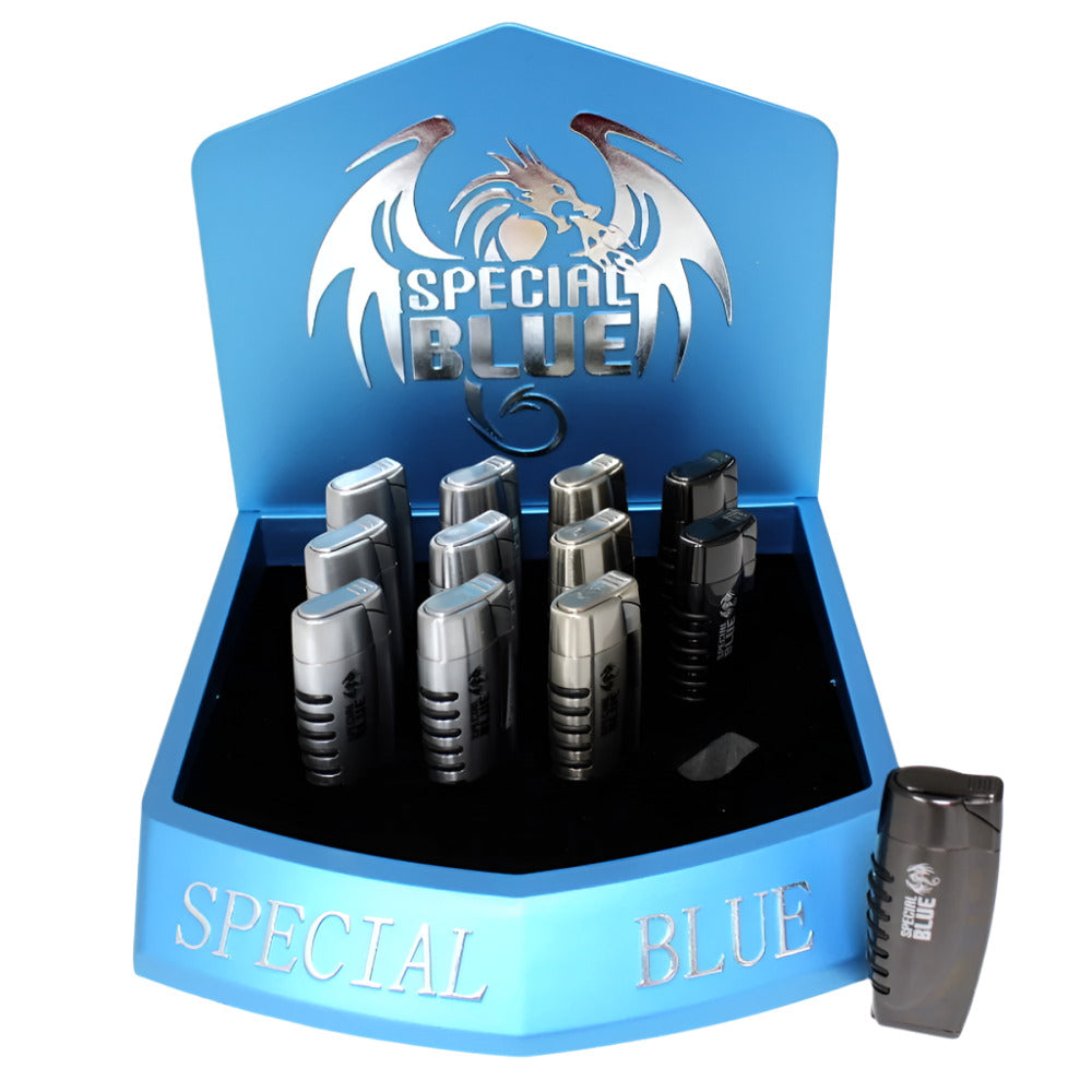 Special Blue Minister Torch Lighter with powerful flame, adjustable flame control, refillable butane system, and 12-piece pack packaging.