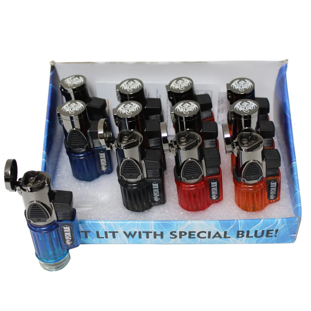 Special Blue MOMBA plastic triple flame torch lighter with triple jet flames, adjustable control, refillable butane system, and 12-piece pack.
