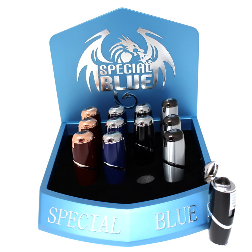Special Blue PRO 3 Triple Flame Torch Lighter with triple jet flames, adjustable control, refillable butane system, and 12-piece pack packaging.