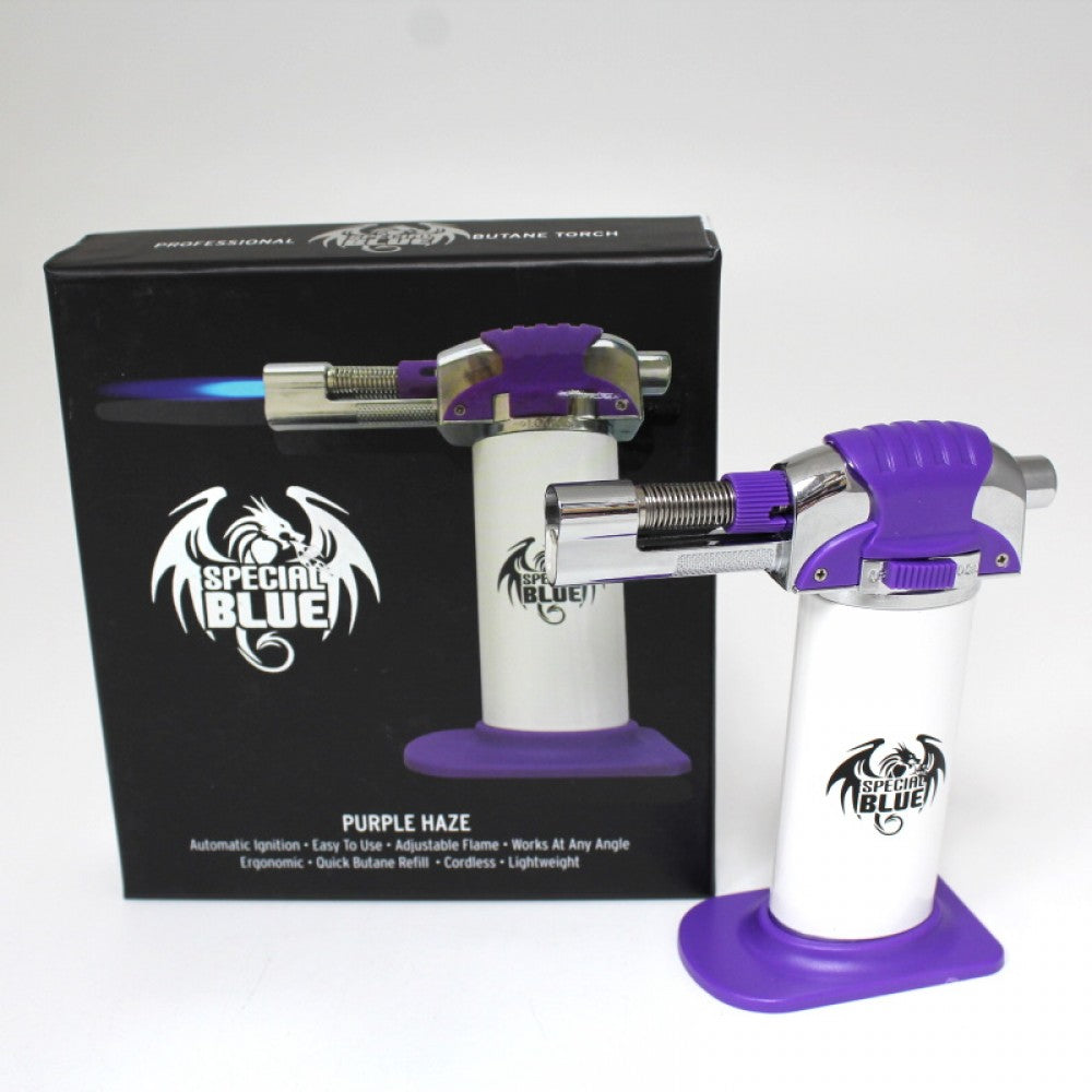 Special Blue Purple Haze Torch with powerful adjustable flame, refillable butane system, durable construction, and stylish purple design.
