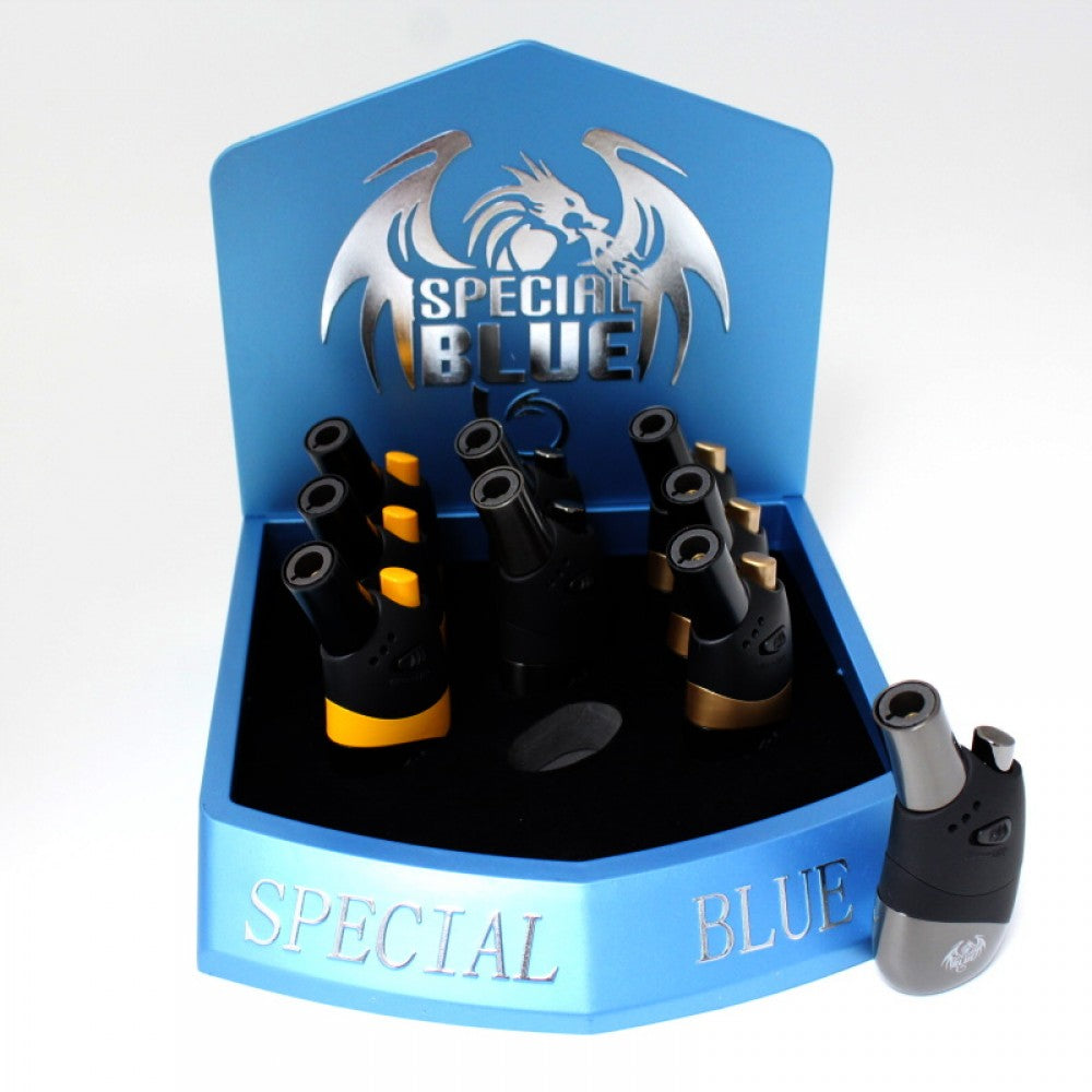 Special Blue Rock Steady Torch Lighter with powerful flame, durable construction, refillable butane system, and 9-piece retail pack packaging.