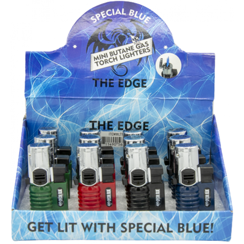 Special Blue The Edge mini butane lighter with compact ergonomic design, reliable flame ignition, and 12 pieces per retail box packaging.