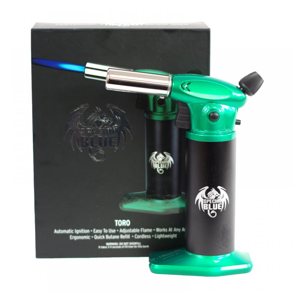 Special Blue Toro Torch Lighter with powerful flame, adjustable flame control, refillable butane system, and durable ergonomic design.