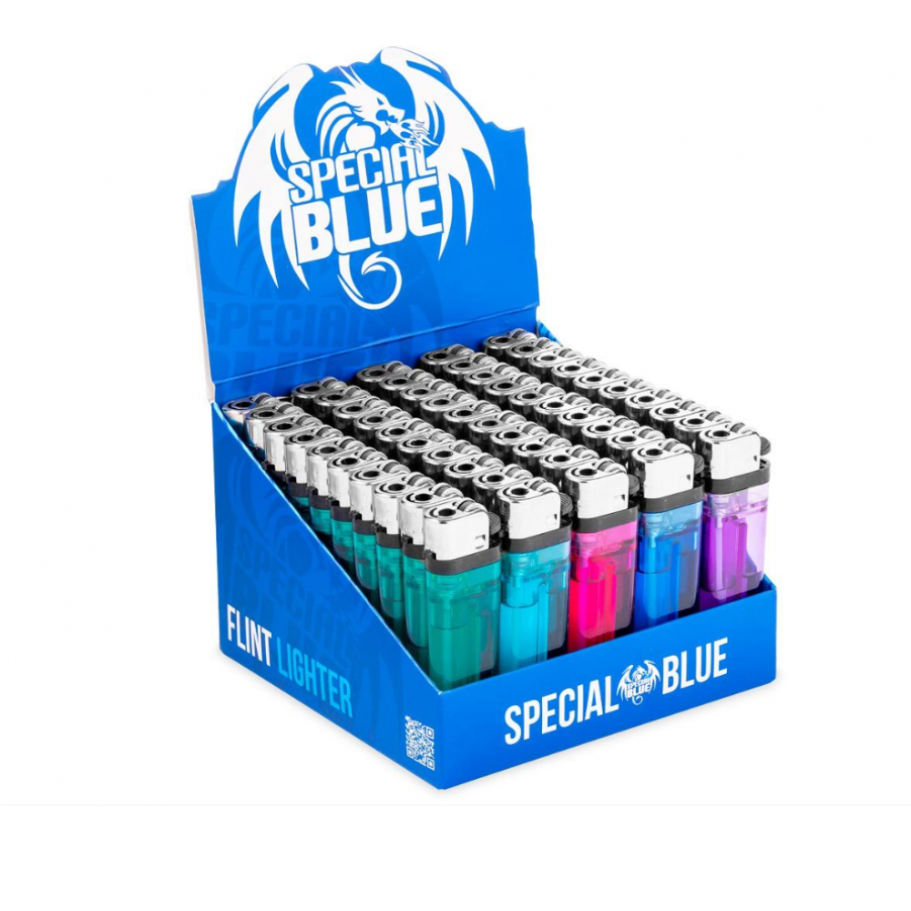 Special Blue Trailblazer Flint Roll Lighter with reliable flint wheel ignition, durable design, and convenient 50-piece pack for retail display.