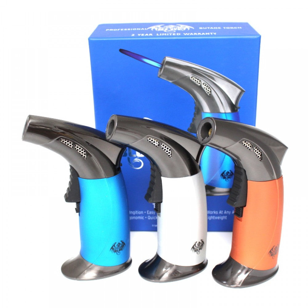 Special Blue Turbo Curve Torch with powerful turbo flame, curved nozzle design, adjustable flame control, and refillable butane system.