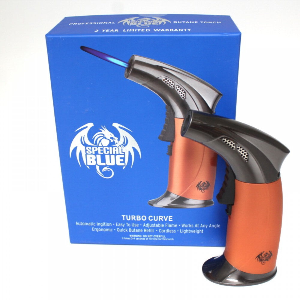 Special Blue Turbo Curve Torch featuring a refillable butane system, adjustable windproof flame, and ergonomic curved design for precision heating applications.
