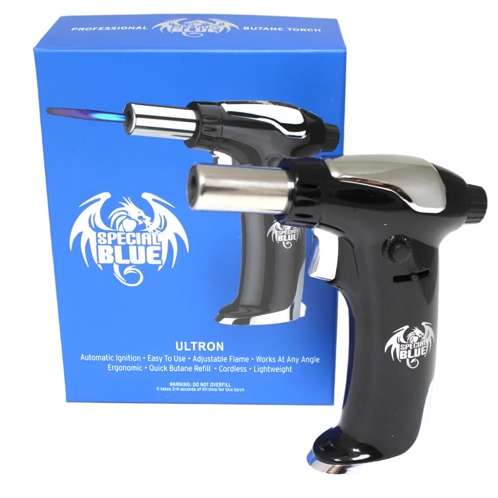 Special Blue ULTRON Torch refillable butane torch lighter with powerful windproof flame and durable ergonomic design for heating and dabbing applications.