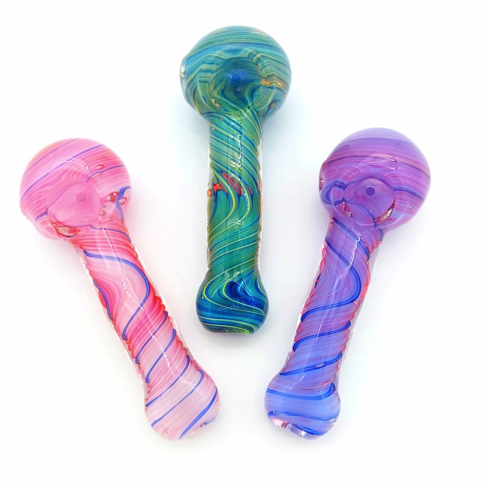 Spiral design heavy duty glass hand pipe featuring colorful swirl glass artwork, thick durable construction, and compact ergonomic handheld design for smooth use.