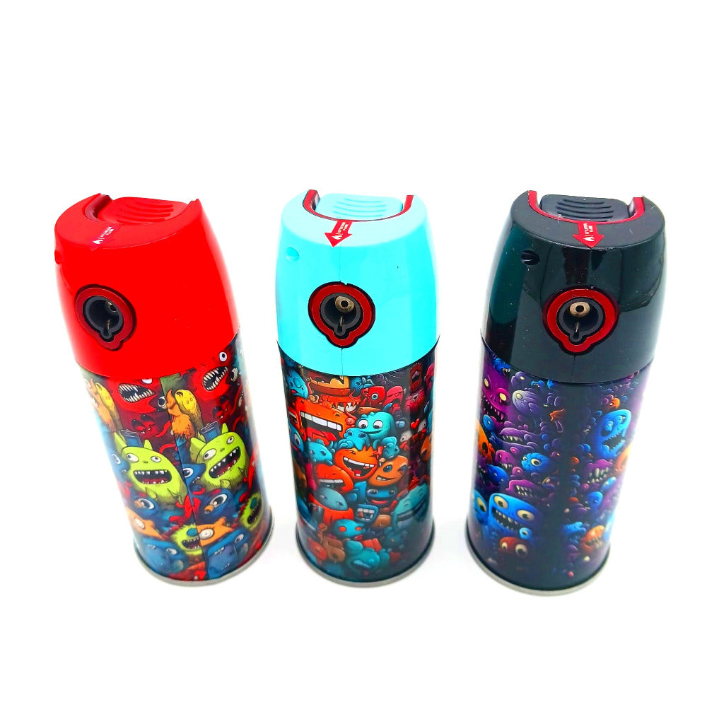 Spraycan monster cartoon torch lighter Clickit 6pcs box, designed with a playful monster graphic, strong wind-resistant jet flame, and durable spraycan-style body for everyday use.
