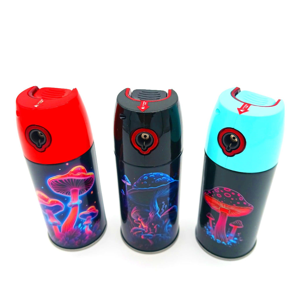 Spraycan mushroom design torch lighter Clickit 6pcs box, featuring a fun mushroom themed graphic, powerful jet flame, and durable spraycan-style body for everyday reliable use.