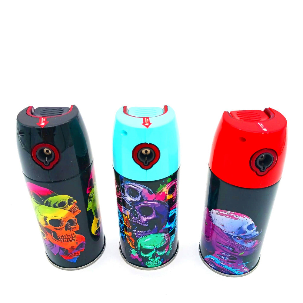 Spraycan skull design torch lighter Clickit 6pcs box, featuring a creative skull themed spraycan body, powerful jet flame, and durable portable construction for everyday reliable use.