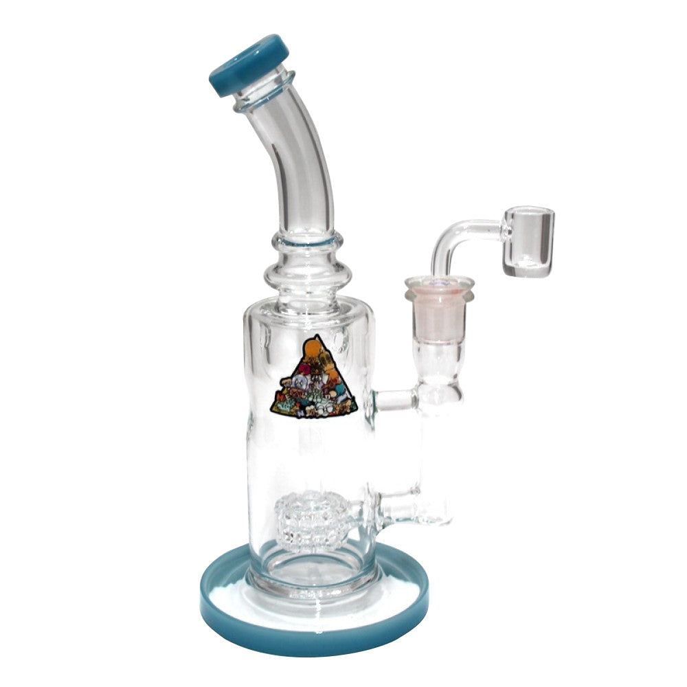Sticker design shower head percolated water pipe with 14mm male quartz banger durable borosilicate glass featuring smooth filtration and decorative sticker artwork.