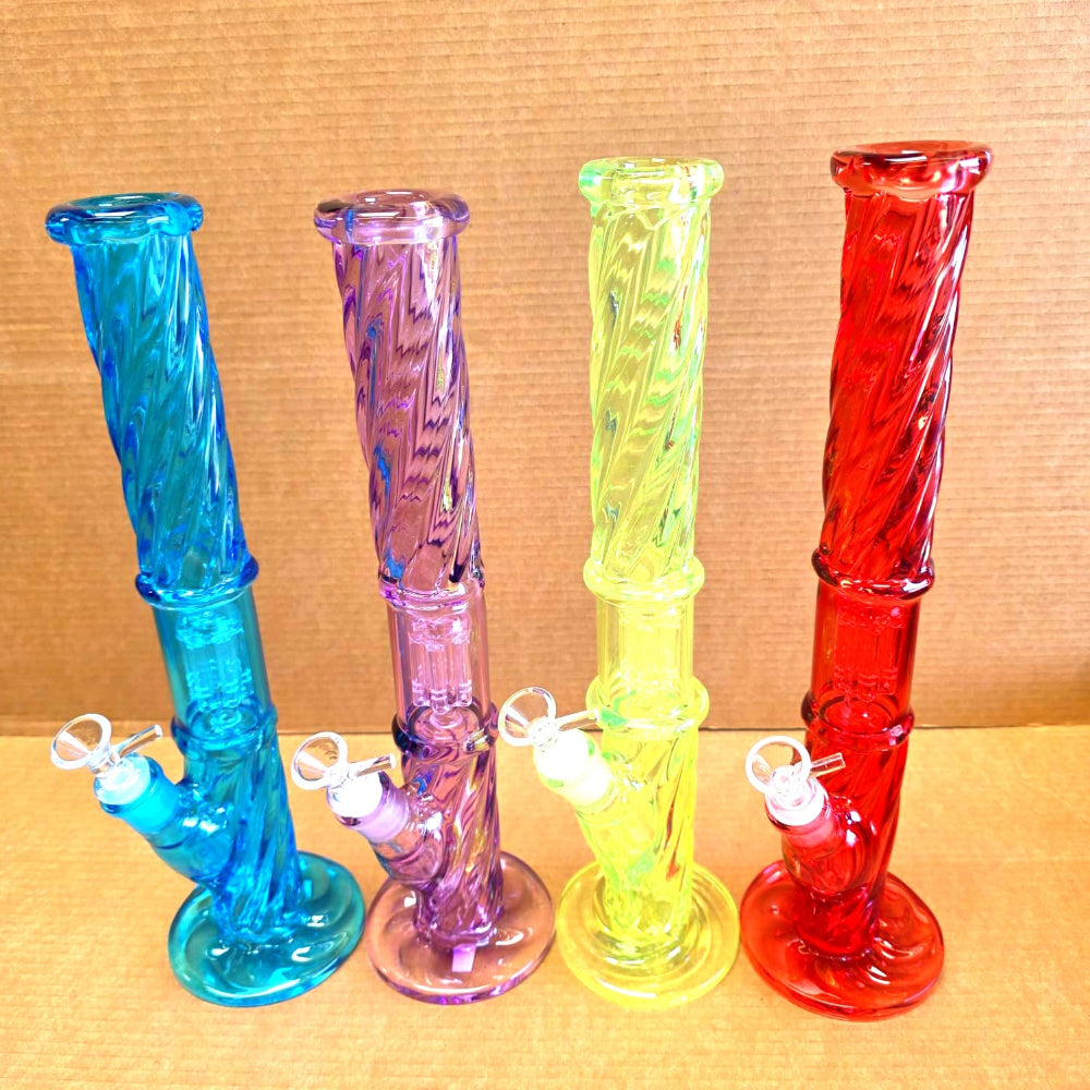 Straight glass percolator bong with flat bottom and twisted tree multi chamber filtration system for clean smoke diffusion.