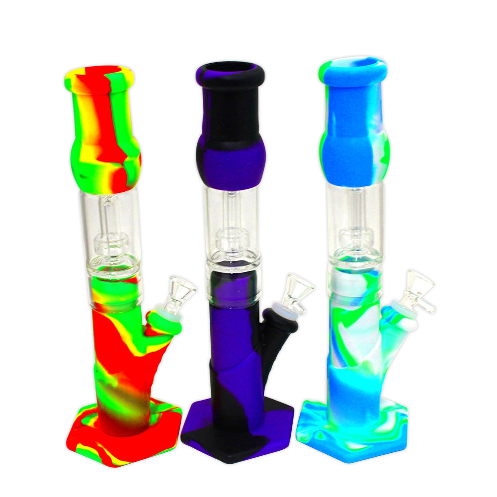 Straight silicone glass percolator water pipe, durable heat-resistant design with glass filtration system for smooth and clean smoking experience.