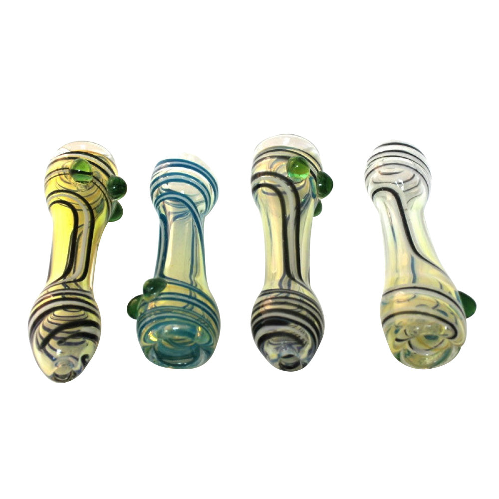 Swirl color heavy duty chillium with three green dot accents, featuring thick durable glass construction and handcrafted artistic design.