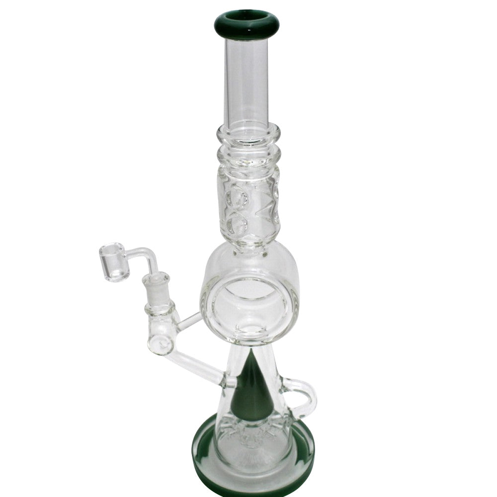 Tall shower head percolator water pipe with donut design and 14MM male banger featuring durable glass construction and advanced filtration for smooth hits.