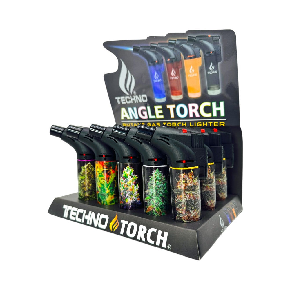 Techno Angel Torch Lighter with ergonomic design, powerful adjustable flame, and refillable butane system, packed 15 pieces per display.