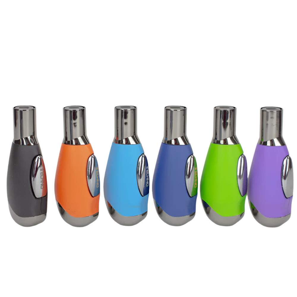 Single Flame Torch by Techno Torch with rubber grip, refillable butane windproof design, 12 pieces per display pack for retail use