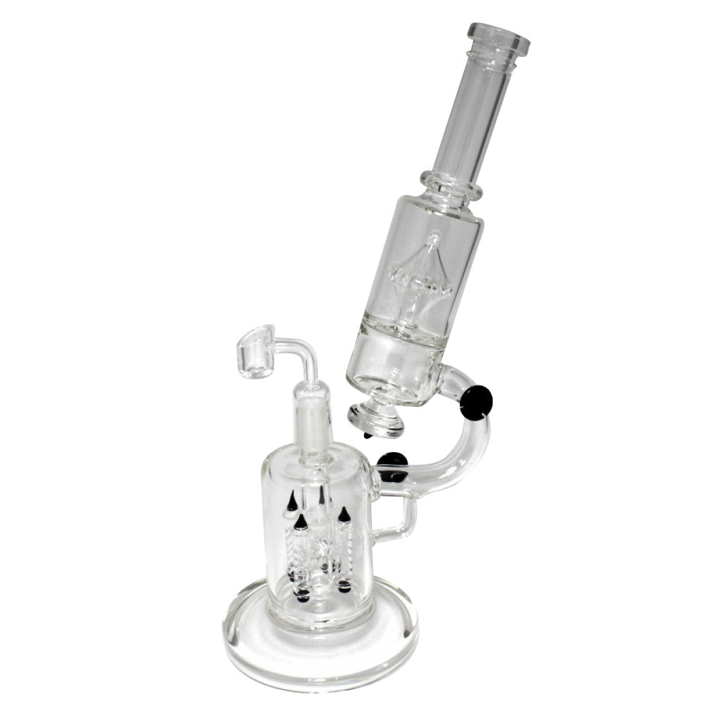 Telescope Design Water Pipe with 4 Arm Percolator, handled body design, and 18MM female banger featuring advanced filtration and durable glass construction.