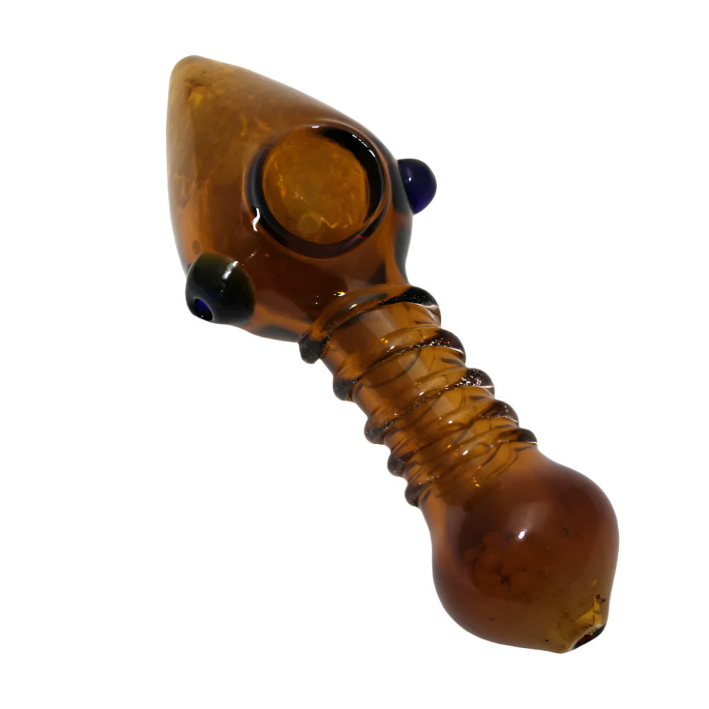Textured cone design heavy duty glass hand pipe with ribbed detailing, colorful accents, and durable thick glass construction.