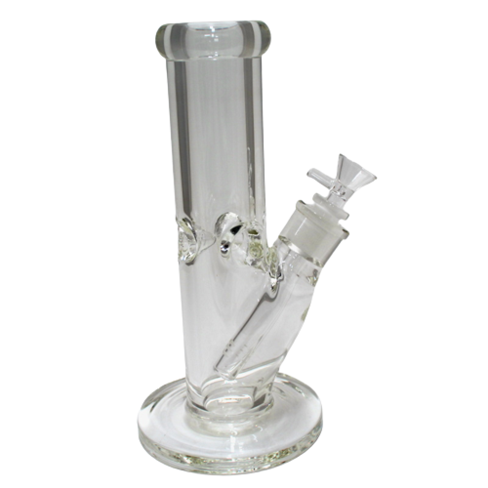 Thick flat bottom straight shooter water pipe with down stem and 14mm male bowl featuring durable borosilicate glass and smooth filtration.